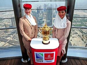 The Webb Ellis Cup stopped over in Dubai en-route to Auckland and was photographed at the top of the world’s tallest building, the Burj Khalifa