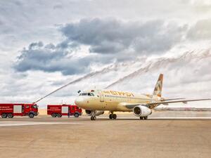 Etihad Airways inaugural flight to Baku arrives to a water cannon salute.