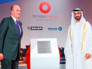 His Majesty King Juan Carlos I King of Spain, and HH General Sheikh Mohamed bin Zayed Al Nahyan Crown Prince of Abu Dhabi Deputy Supreme Commander of the UAE Armed Forces, unveil a commemorative plaque during the Inauguration Ceremony of the 19.9 MW Gemasolar Concentrated Solar Power Plant a project by Masdar, Torresol Energy, and Sener