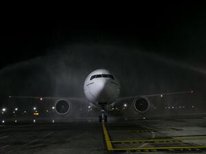 Flight EK450 was greeted with a traditional water cannon salute on arrival in Bali. 