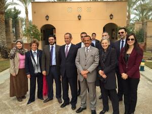 Khalaf Al Habtoor and guests are welcomed at the AUC campus by President Lisa Anderson