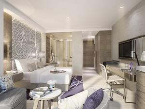 A standard room at Al Bandar Rotana elegantly designed with a range of modern luxuries, and situated on a prime waterside location on Baniyas Road.
