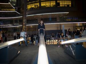 ‘Wave-Field’ is a travelling exhibit by Canadian-based Lateral Office and CS Design, who have won numerous awards for their musical see-saws.