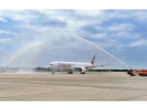 A water cannon salute welcomes Emirates’ inaugural flight to London Stansted.