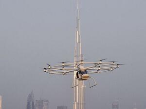 A video shows the flying taxi whirring through the sky before returning to base. (Gulf Business) A video shows the flying taxi whirring through the sky before returning to base. (Gulf Business)