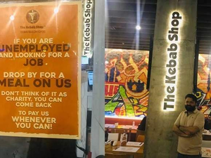 The Kebab Shop located in the Dubai Silicon Oasis has a board outside the shop that is not advertising for food but offering free meals. (KhaleejTimes)