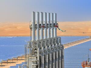 Shams 1 uses 258,000 parabolic trough mirrors spread over 2.5 square-kilometres to power an electricity turbine with the heat of the sun.