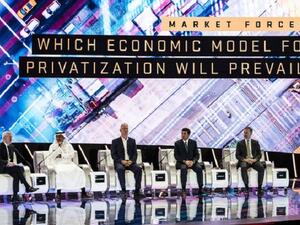 Economy Minister Mohammed Al-Tuwaijri with Kirill Dmitriev, Bassem Awadallah and Darren Davis at Thursday’s panel discussion moderated by Frank Kane. (AN photo by Ziyad Alarfaj)