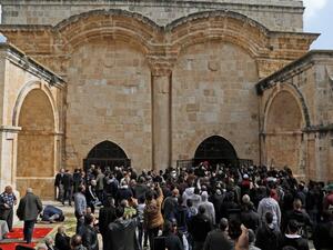 Palestinians worshippers gather before Friday noon prayers last week at the so-called 'Golden Gate' in Jerusalem's Old City. (AFP/ File Photo) Palestinians worshippers gather before Friday noon prayers last week at the so-called 'Golden Gate' in Jerusalem's Old City. (AFP/ File Photo)