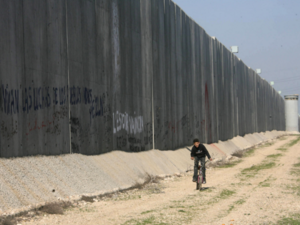 A child rides his bicycle alongside a separation wall in the West Bank. (AFP/File)