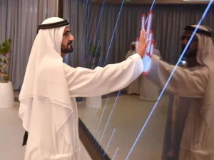 Sheikh Mohammed during the launch of a new government centre staffed entirely by smart robots. (WAM)