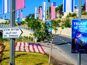 Street sign on a road towards a new US embassy in Jerusalem, adorned with American and Israeli flags (Shutterstock)