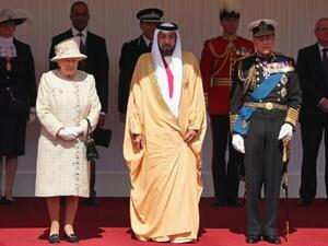 The UAE Emir, Sheikh Khalifa bin Zayed Al Nahyan stands in between Queen Elizabeth and the Duke of Edinburgh at Windsor Castle on Tuesday. AFP Photo