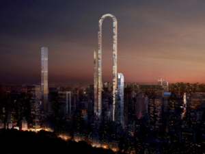 Designs for the 'Big Bend' show a 4,000 ft long, arched skyscraper that would tower over Manhattan's Billionaires' Row. (website/www.oiiostudio.com)