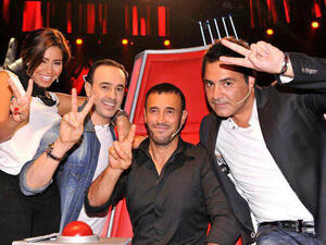 Two, please! Kadim Al Sahir on the set of 'The Voice' with fellow judges