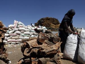A Yemeni man seals a bag of firewood, used for cooking purposes as gas prices remain high, at a shop in the capital Sanaa on January 18, 2017. (AFP/Mohammed Huwais)