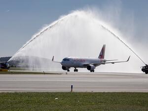 Air Arabia aircraft was welcomed with a water-salute at Vienna Airport
