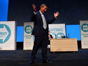 British politician and The Brexit Party leader, Nigel Farage addresses the first public rally of their European Parliament election campaign in Birmingham, central England on April 13, 2019.  Daniel LEAL-OLIVAS / AFP