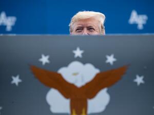 US President Donald Trump listens during the 2019 graduation ceremony at the United States Air Force Academy May 30, 2019, in Colorado Springs, Colorado.  Brendan Smialowski / AFP