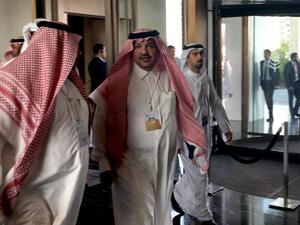Saudi Minister of State Mohammed al-Shaikh (C) arrives for the second day of a US-sponsored Middle East economic conference in the Bahraini (AFP)