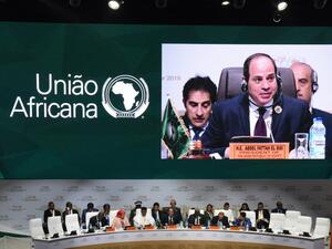 Egypt's President Abdel Fattah Al-Sissi delivers a speech during the African Union (AU) summit at the Palais des Congres in Niamey (AFP)