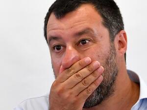Italy’s Interior Minister and deputy PM Matteo Salvini gestures as he speaks on July 9, 2019 during the closure of Europe's one-time biggest asylum seeker and migrants reception centre in Mineo, southern Sicily.  Andreas SOLARO / AFP