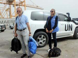 Representatives of the UN Redeployment Coordination Committee (RCC) arrive to attend a joint meeting with representatives of the Yemeni government and the Huthi rebels in Yemeni port city of Hodeida  (AFP)