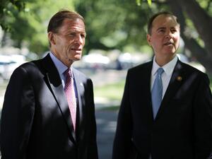 Rep. Sen. Richard Blumenthal (D-CT) (L) and Rep. Adam Schiff (D-CA) prepare for a news conference (AFP)