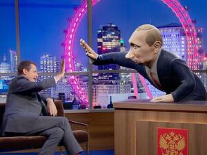 A satirical show called “Tonight With Vladimir Putin” uses a 3-D cartoon of President Putin interviewing real guests (Twitter)