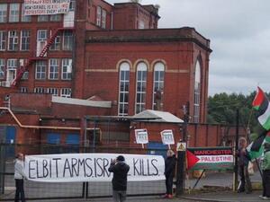 Activists from the Manchester Palestine Action network have scaled the roof of the Israeli owned Elbit/Ferranti arms manufacturer (Twitter)