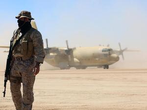 A Saudi air force cargo plane lands at an airfield in Yemen's central province of Marib, on February 8, 2018 /AFP