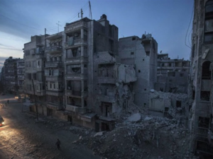 Destroyed buildings, including Dar Al-Shifa hospital, are seen on Sa'ar street in Aleppo, Syria. /AFP