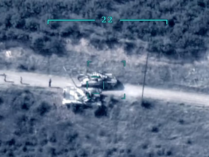 Capture from video released by Azerbaijan Ministry of Defense depicting a drone strike on Armenian T72 tanks /September 2020 
