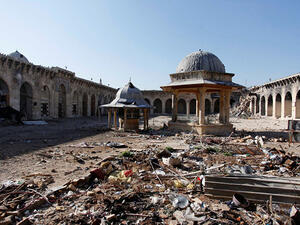 The Umayyad mosque of Old Aleppo in ruins in 2013. (AFP)