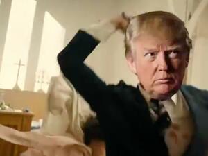 A scene from a video depicting a fake President Trump massacring the news media and his critics that was shown at a conference for his supporters at Trump National Doral Miami last week.