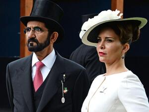 Sheikh Mohammed and Princess Haya celebrating the Queen's 90th birthday at Epsom Downs Racecourse in 2016