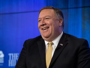 US Secretary of State Mike Pompeo smiles during a discussion on the major foreign policy priorities of the State Department in Washington, DC, on April 29, 2019. (NICHOLAS KAMM / AFP)