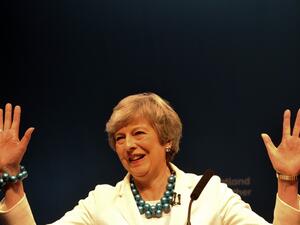 Britain's Prime Minister Theresa May speaks at the Scottish Conservative party conference in Aberdeen on May 3, 2019. (Andy Buchanan / AFP)