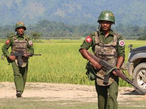 Myanmar army soldiers patrolling a village in Maungdaw located in Rakhine State. (AFP)