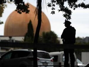 An armed policeman stands guard in front of the Masjid Al Noor Mosque in Christchurch. (AFP/ File Photo)