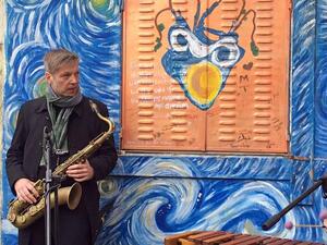 Germany’s Daniel Erdmann prepares to play a saxophone during an Amman Jazz Festival performance on Saturday (Photo by Muath Freij)