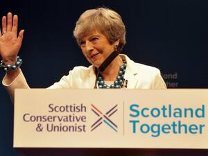 Britain's Prime Minister Theresa May speaks at the Scottish Conservative party conference in Aberdeen on May 3, 2019. (Andy Buchanan / AFP)