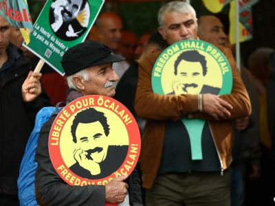 People take part in a demonstration to call for the liberation of Kurdistan Worker's Party (PKK) leader Abdullah Ocalan outside the European Council in Strasbourg, eastern France, on September 15, 2025. (Photo by Frederick FLORIN / AFP) Kurdistan Worker's Party