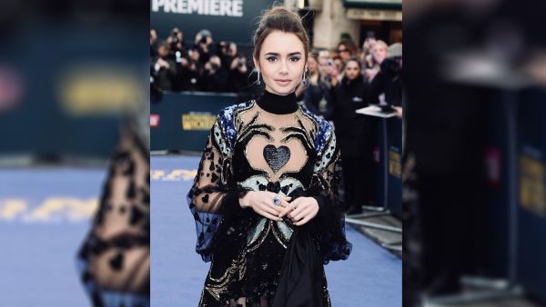 Lilly Collins in Elie Saab designer dresss