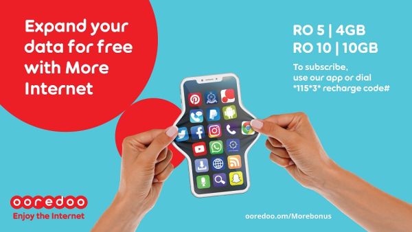 تتيح Ooredoo الفرصة لجميع عملاء مسبق إعادة شحن رصيدهم بقيمة 5 ريال عُماني والحصول على 2.5 جيجابايت بيانات سارية لمدة 20 يوم مع 1.5 جيجابايت مجاناً. تتيح Ooredoo الفرصة لجميع عملاء مسبق إعادة شحن رصيدهم بقيمة 5 ريال عُماني والحصول على 2.5 جيجابايت بيانات سارية لمدة 20 يوم مع 1.5 جيجابايت مجاناً.