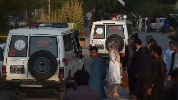 Ambulances bring wounded civilians to the Wazir Akbar Khan hospital following an attack in Kabul on July 28, 2019. At least one person was killed and 13 others wounded in an attack July 28 targeting the Kabul office of the running mate of Afghan President Ashraf Ghani, officials said. WAKIL KOHSAR / AFP