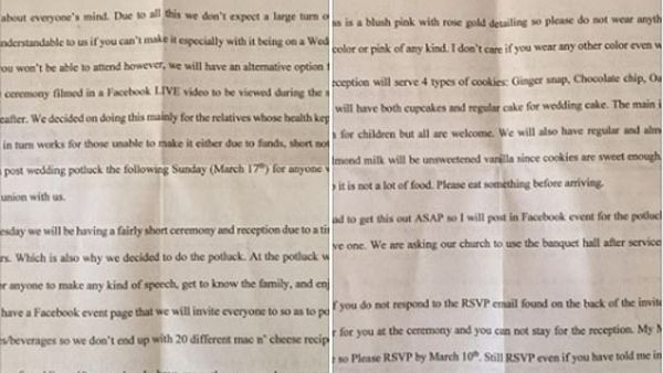 A bride-to-be has baffled the internet with her extremely detailed wedding invitation - which even outlines the four types of cookies she will serve at the reception. (Facebook)