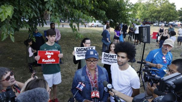 US Democratic Representative for Michigan's 13th congressional district Rashida Tlaib speaks to the medias during "Shabatt in the Park with Rashida" event with pro BDS group on August 16, 2019. (AFP)