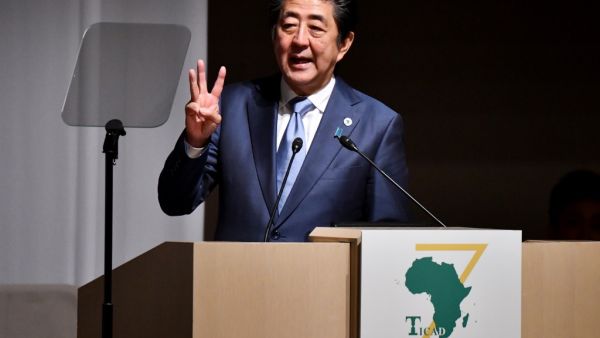 Japan's Prime Minister Shinzo Abe delivers a speech during the opening session of the Tokyo International Conference on African Development (TICAD) in Yokohama on August 28, 2019.  (TOSHIFUMI KITAMURA / AFP)