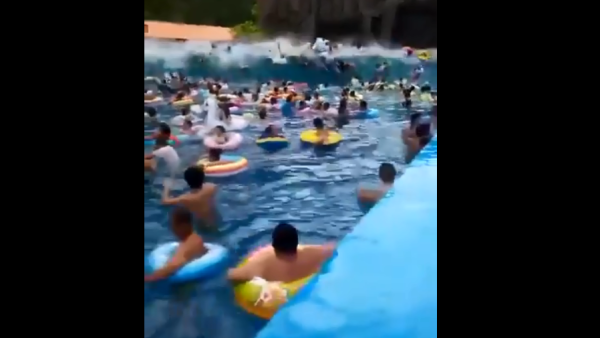 Footage taken by visitors shows swimmers deep inside the pool suddenly faced with a torrent of incoming water produced by the wave machine. (Twitter/Screenshot)